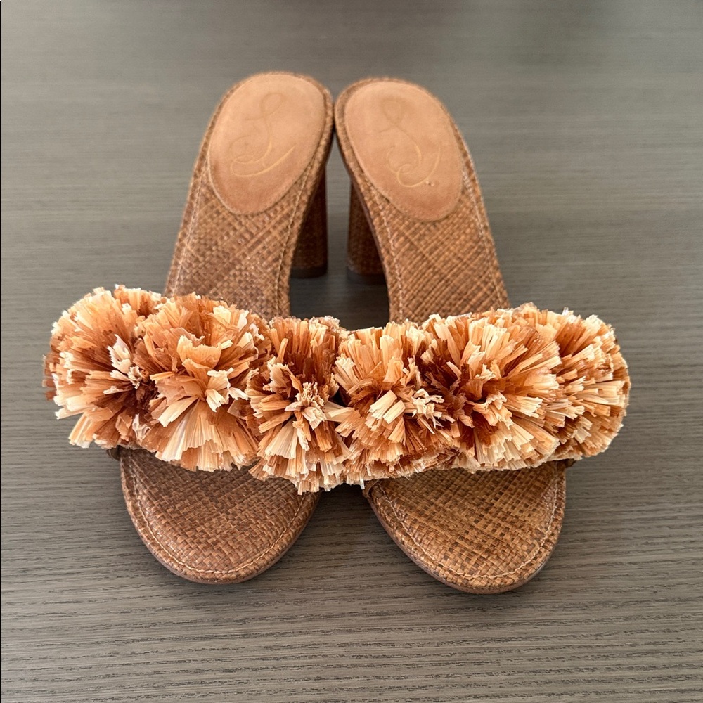Sam Edelman Brown Raffia Pom Pom Heeled Sandals